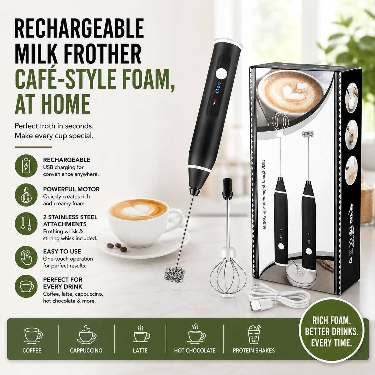 Rechargeable Coffee Frother and Egg Beater