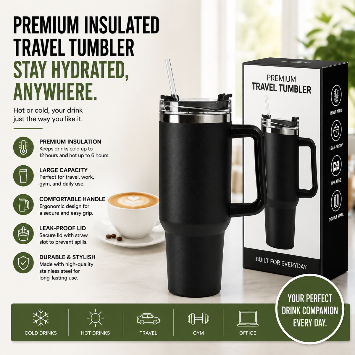 Premium Insulated Travel Tumbler with Handle & Straw